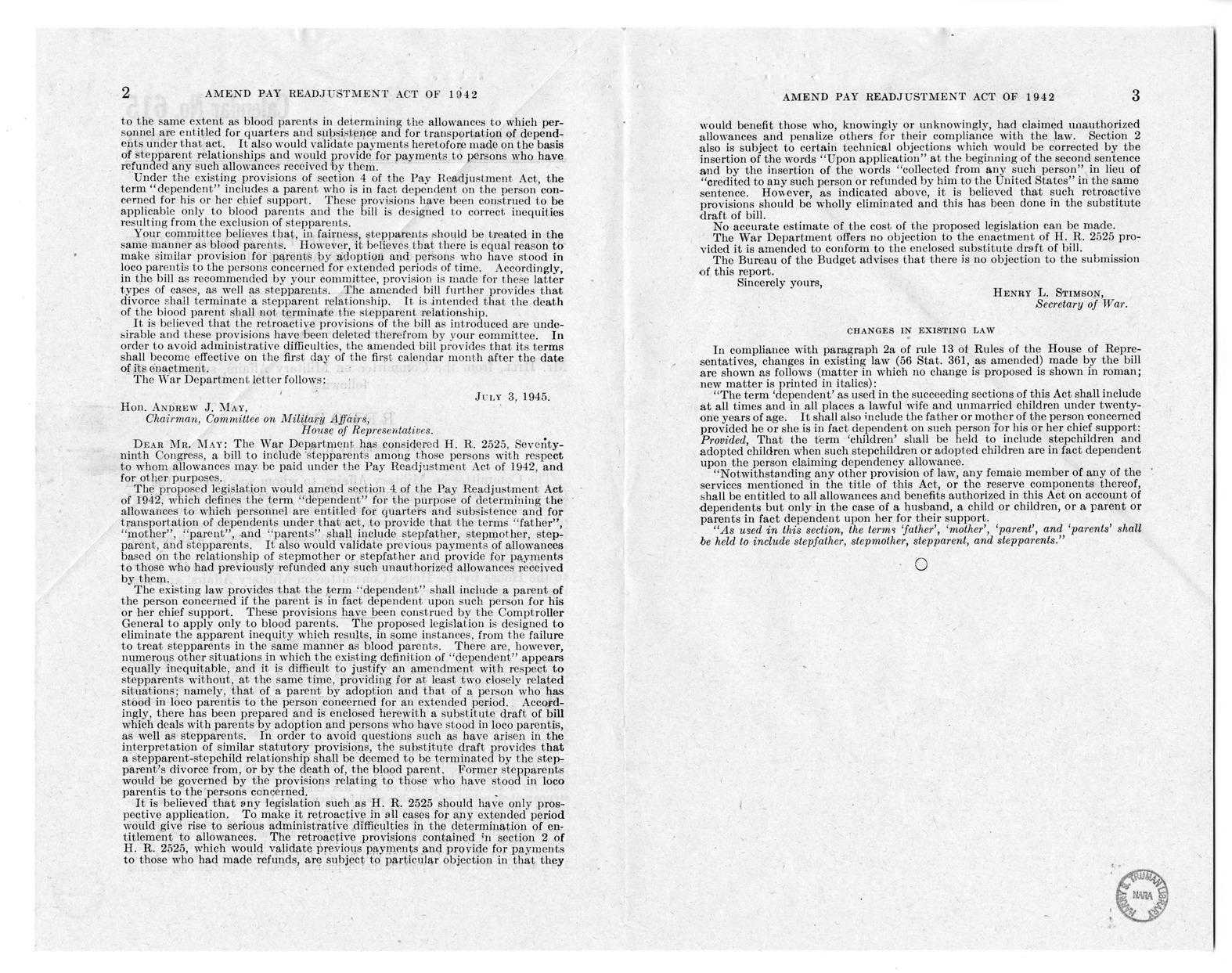 Memorandum from Frederick J. Bailey to M. C. Latta, H.R. 2525, To Include Stepparents, Parents by Adoption, and Any Parent Who has Stood in Loco Parentis Among those Persons With Respect to Whom Allowances May be Paid Under the Pay Readjustment Act of 194s, with Attachments