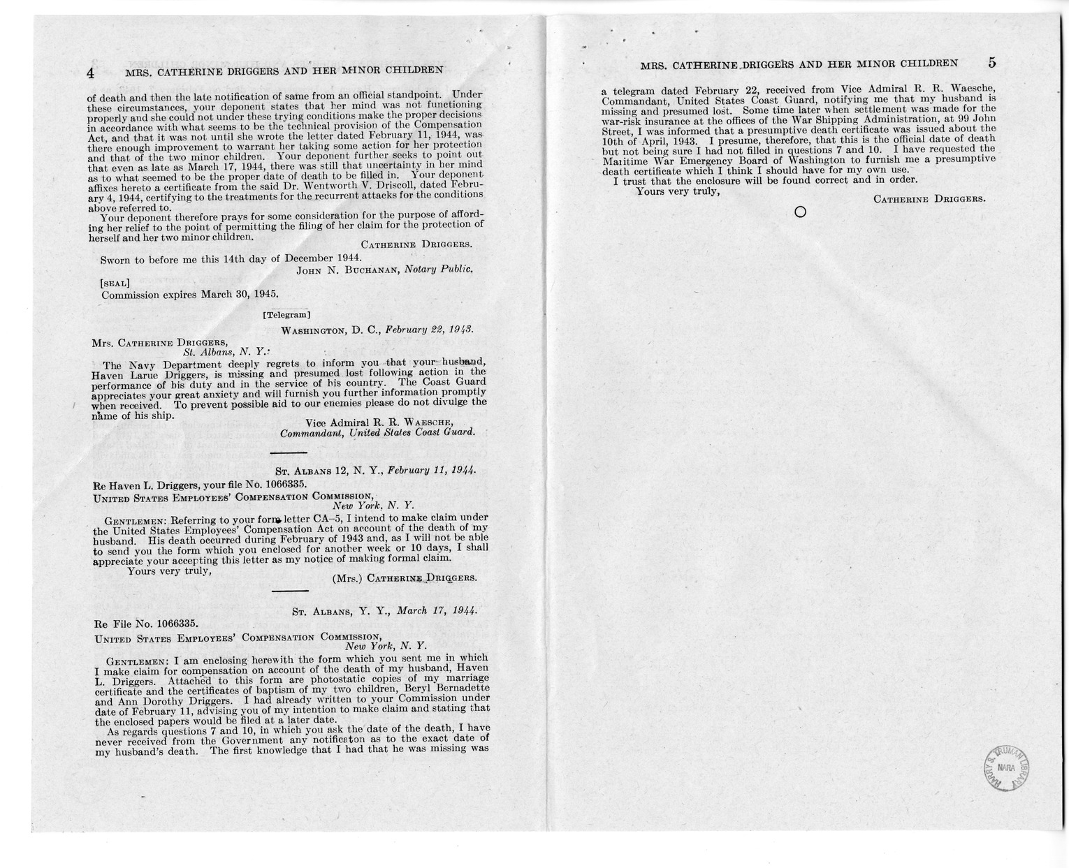 Memorandum from Frederick J. Bailey to M. C. Latta, H.R. 801, For the Relief of Mrs. Catherine Driggers and Her Minor Children, with Attachments