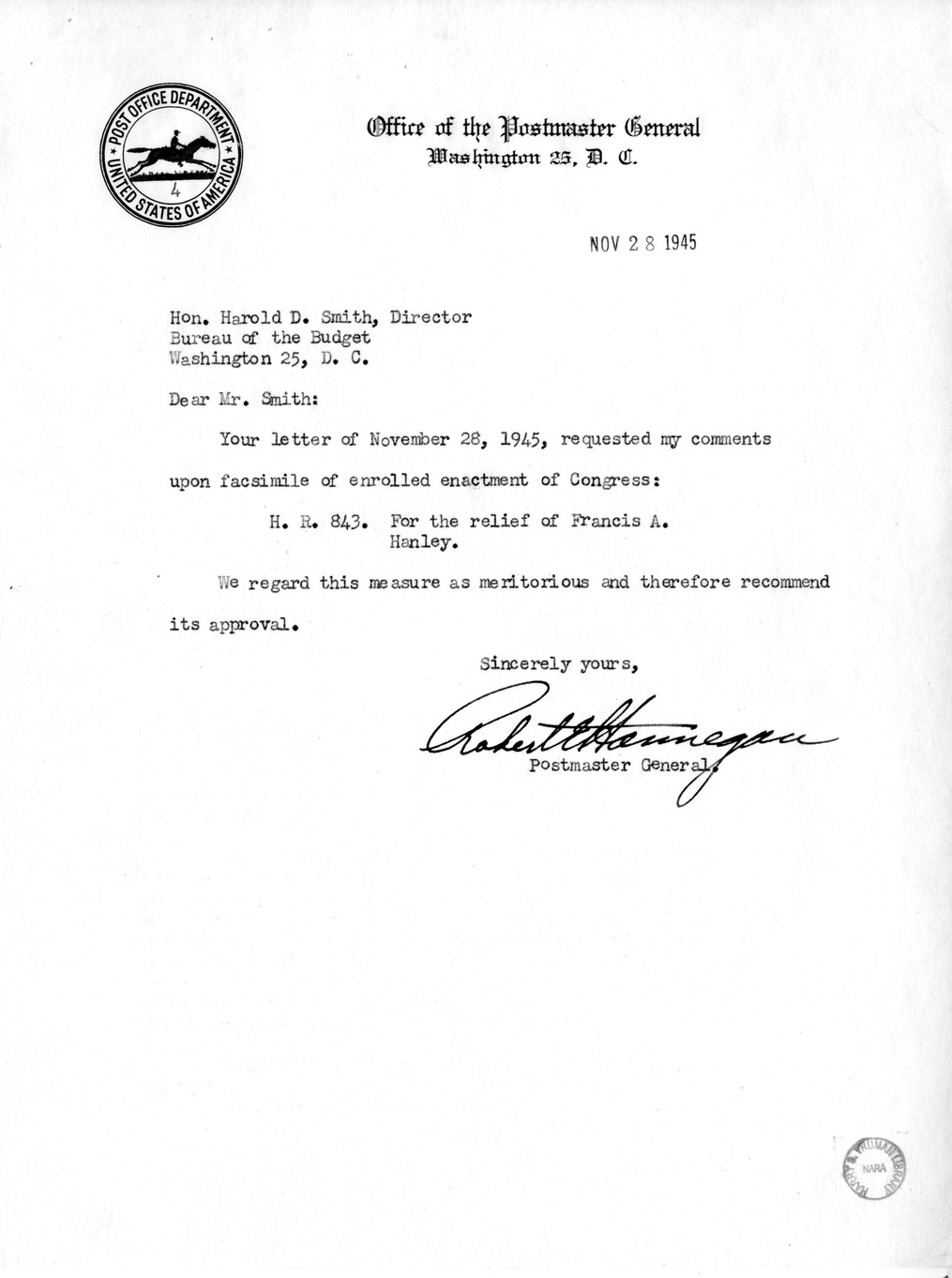 Memorandum from Frederick J. Bailey to M. C. Latta, H.R. 843, For the Relief of Francis A. Hanley, with Attachments