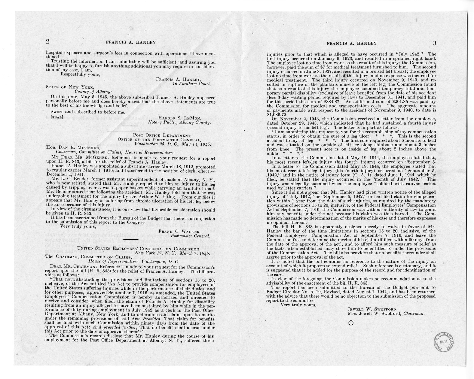 Memorandum from Frederick J. Bailey to M. C. Latta, H.R. 843, For the Relief of Francis A. Hanley, with Attachments