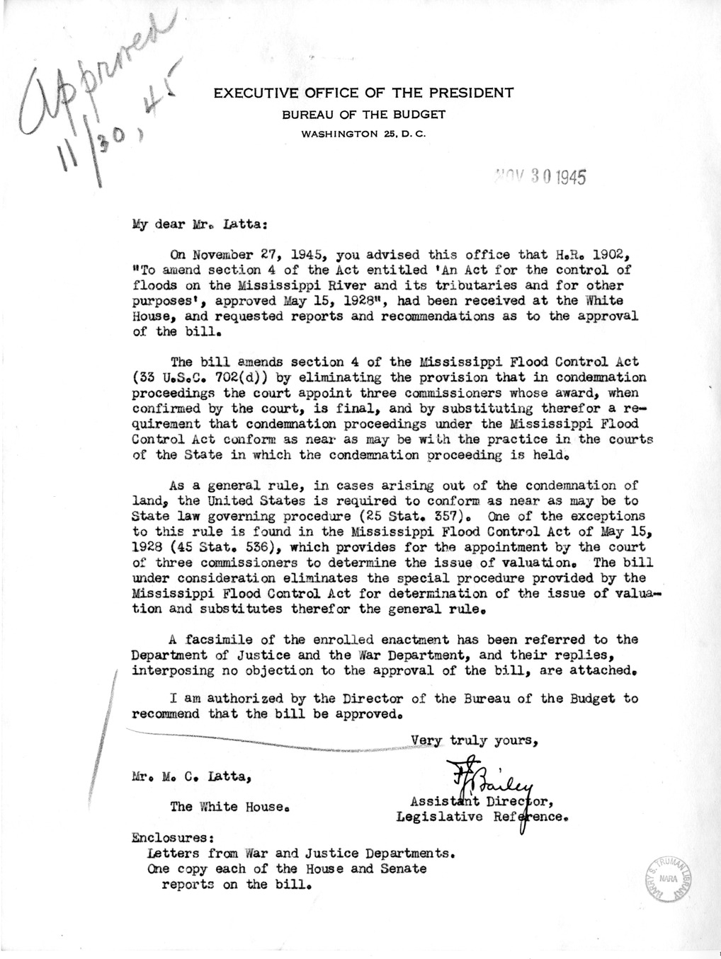 Memorandum from Frederick J. Bailey to M. C. Latta, H.R. 1902, To Amend Section 4 of the Act Entitled 'An Act for the Control of Floods on the Mississippi River and Its Tributaries and for Other Purposes', Approved May 15, 1928, with Attachments