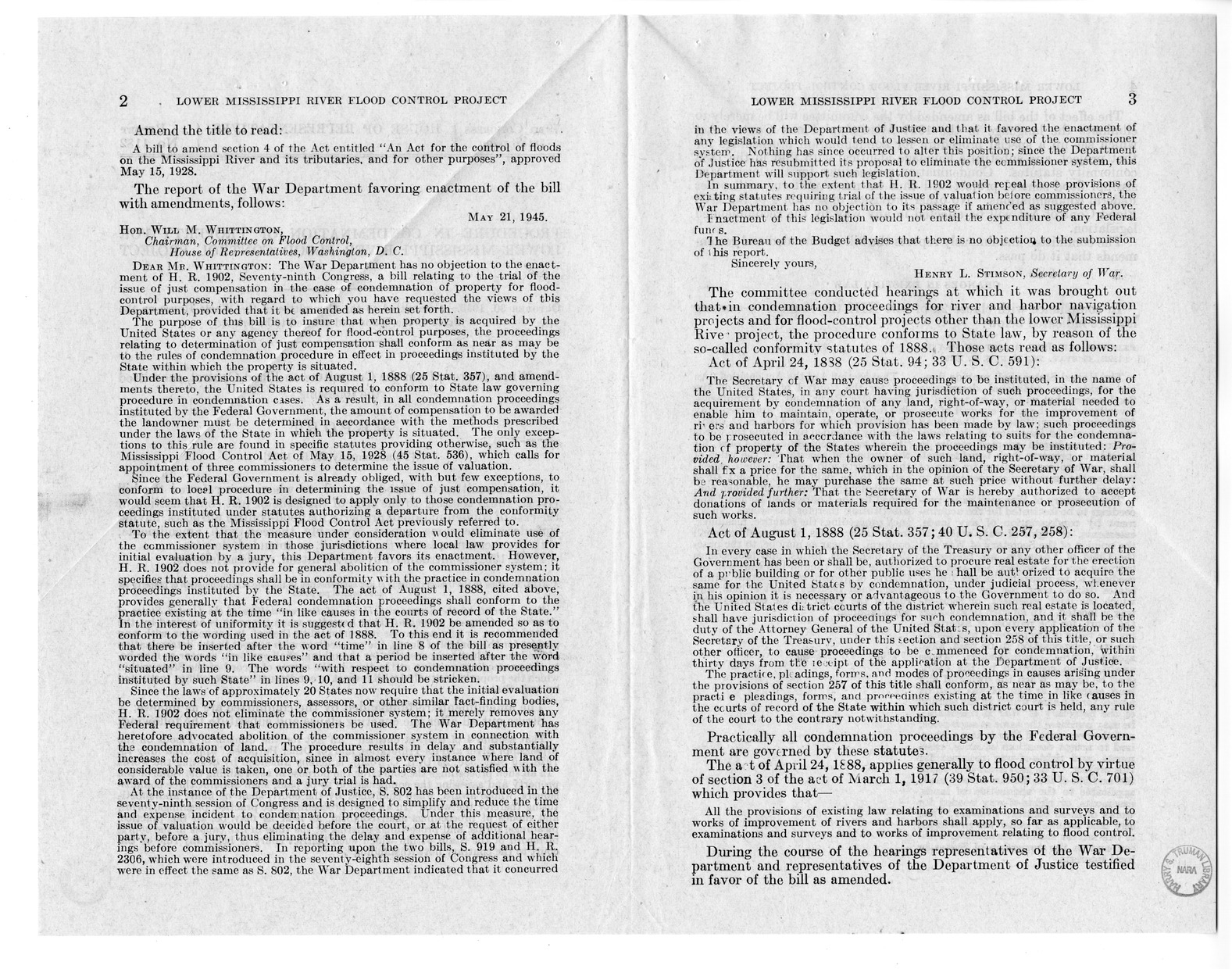 Memorandum from Frederick J. Bailey to M. C. Latta, H.R. 1902, To Amend Section 4 of the Act Entitled 'An Act for the Control of Floods on the Mississippi River and Its Tributaries and for Other Purposes', Approved May 15, 1928, with Attachments