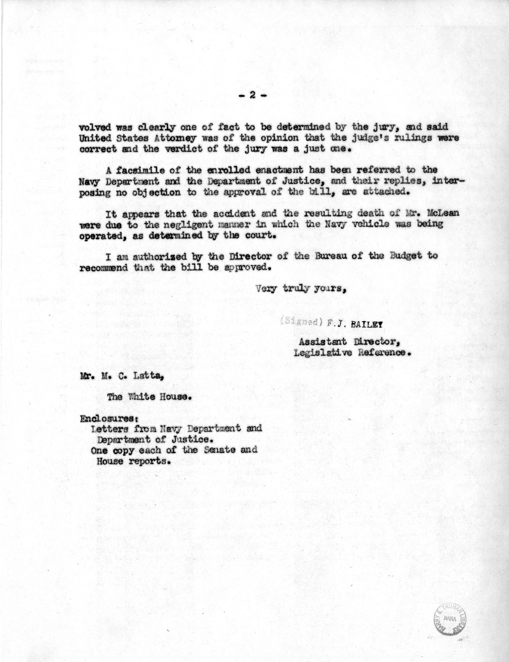 Memorandum from Frederick J. Bailey to M. C. Latta, H.R. 2027, For the Relief of the Estate of Alexander McLean, Deceased, with Attachments