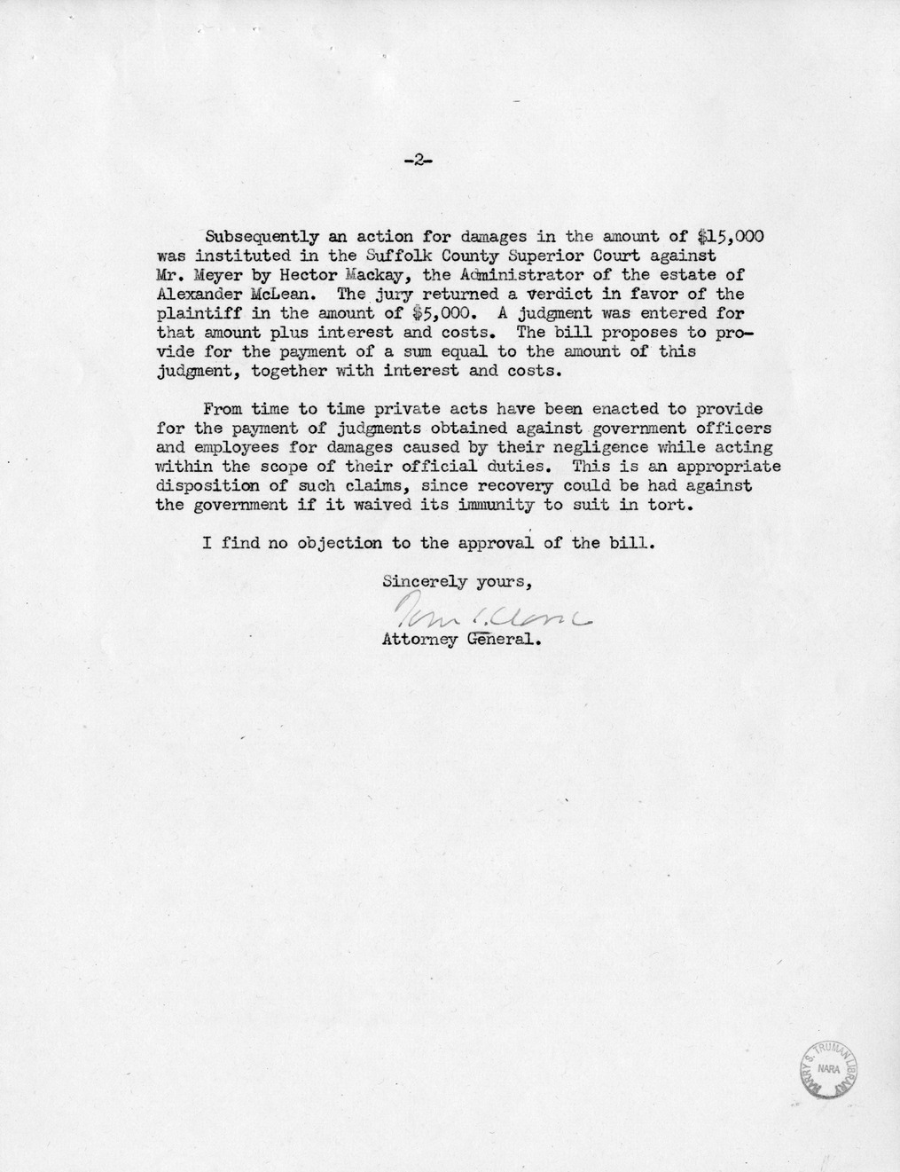 Memorandum from Frederick J. Bailey to M. C. Latta, H.R. 2027, For the Relief of the Estate of Alexander McLean, Deceased, with Attachments