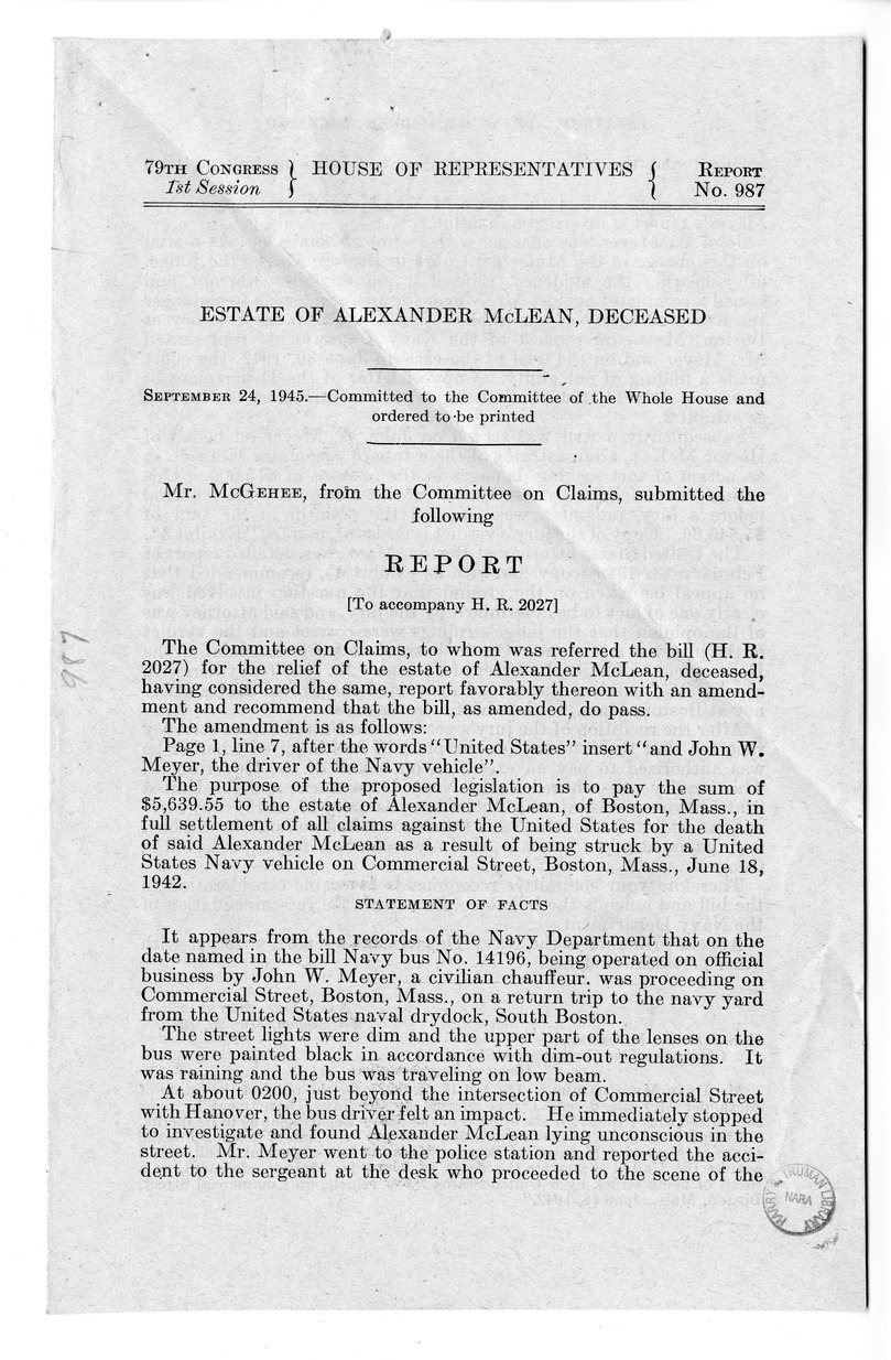 Memorandum from Frederick J. Bailey to M. C. Latta, H.R. 2027, For the Relief of the Estate of Alexander McLean, Deceased, with Attachments