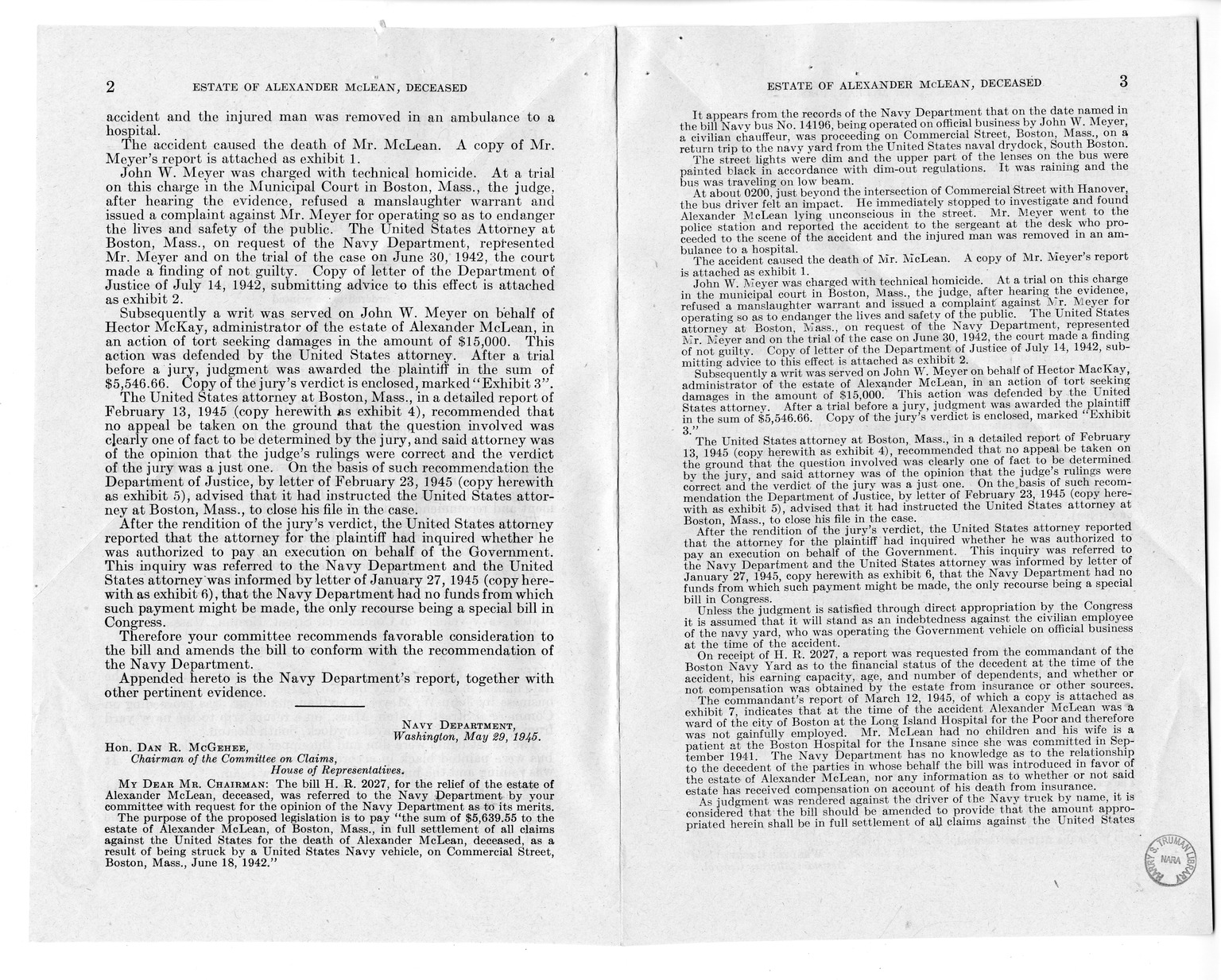 Memorandum from Frederick J. Bailey to M. C. Latta, H.R. 2027, For the Relief of the Estate of Alexander McLean, Deceased, with Attachments