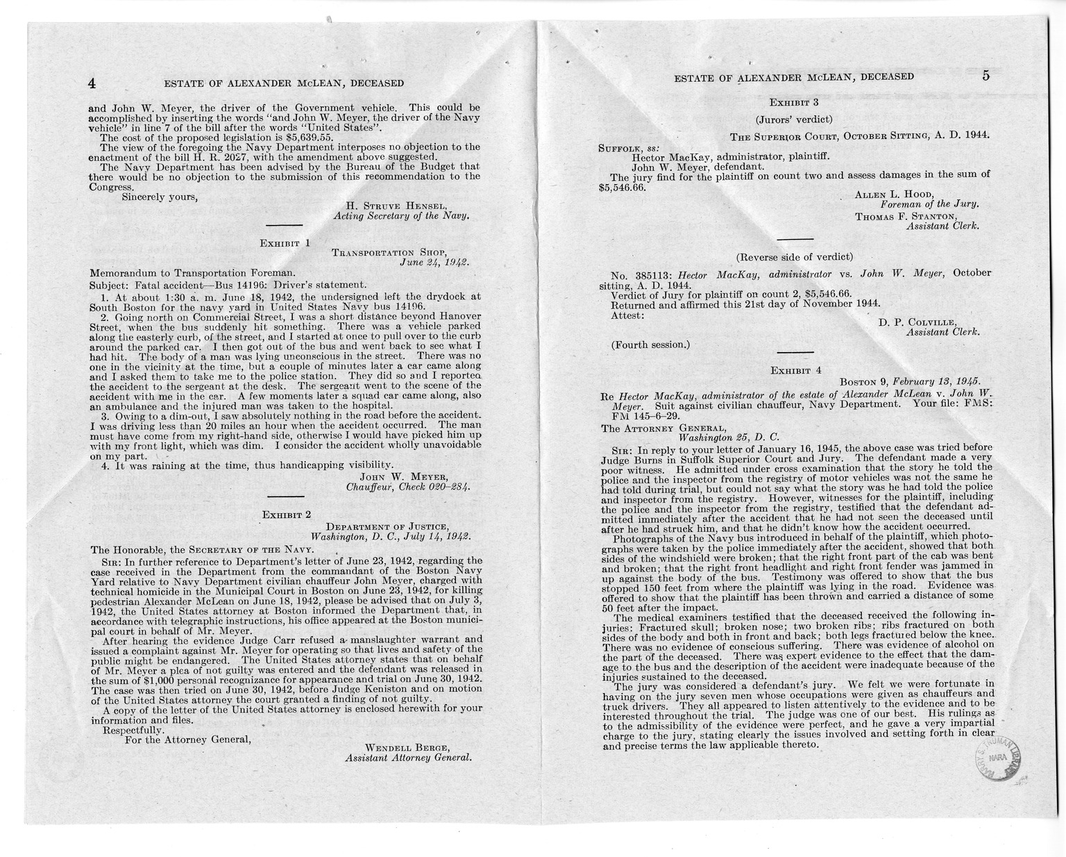 Memorandum from Frederick J. Bailey to M. C. Latta, H.R. 2027, For the Relief of the Estate of Alexander McLean, Deceased, with Attachments