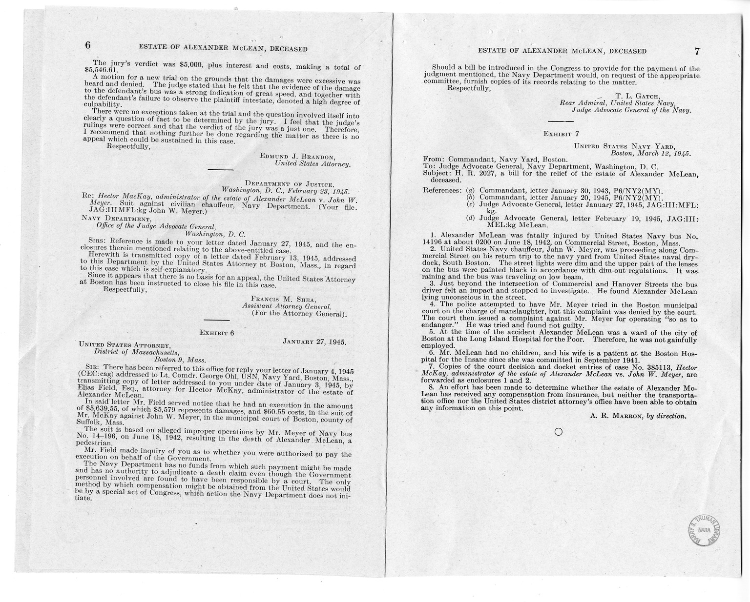 Memorandum from Frederick J. Bailey to M. C. Latta, H.R. 2027, For the Relief of the Estate of Alexander McLean, Deceased, with Attachments