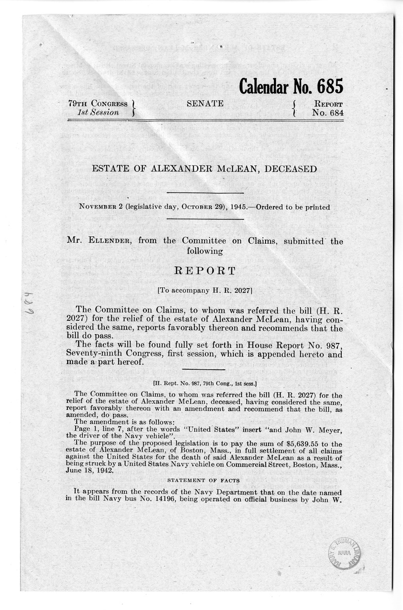 Memorandum from Frederick J. Bailey to M. C. Latta, H.R. 2027, For the Relief of the Estate of Alexander McLean, Deceased, with Attachments