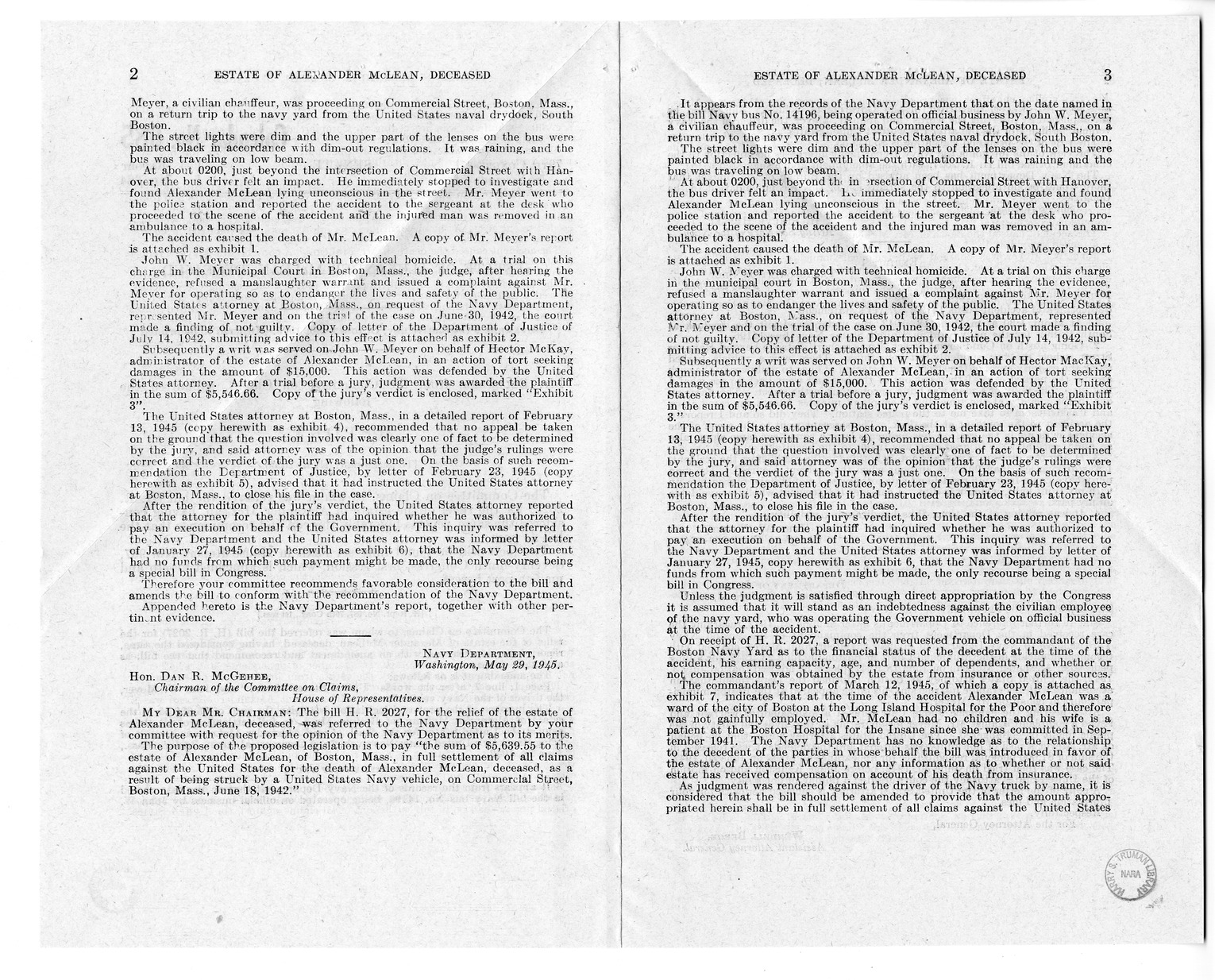 Memorandum from Frederick J. Bailey to M. C. Latta, H.R. 2027, For the Relief of the Estate of Alexander McLean, Deceased, with Attachments