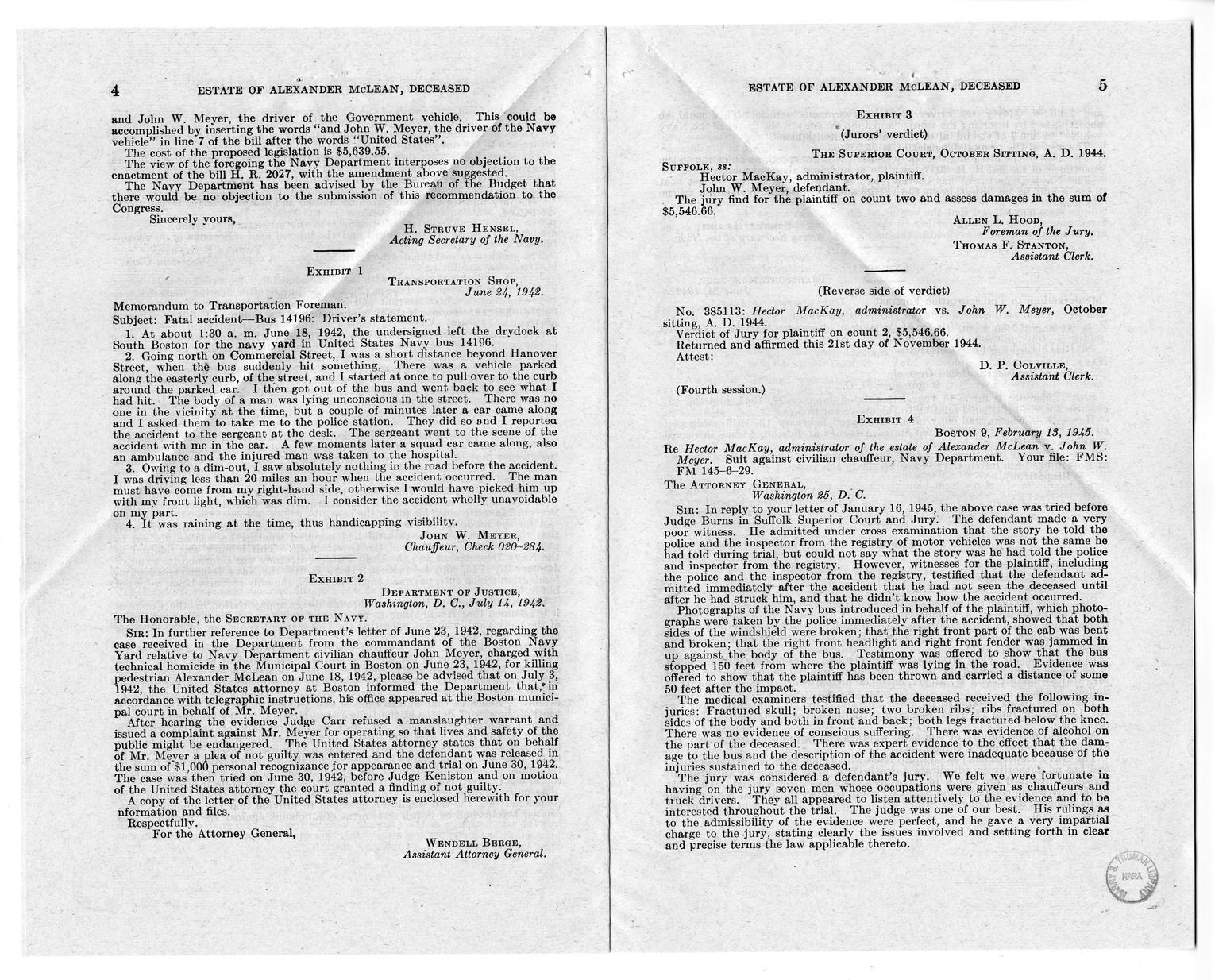 Memorandum from Frederick J. Bailey to M. C. Latta, H.R. 2027, For the Relief of the Estate of Alexander McLean, Deceased, with Attachments