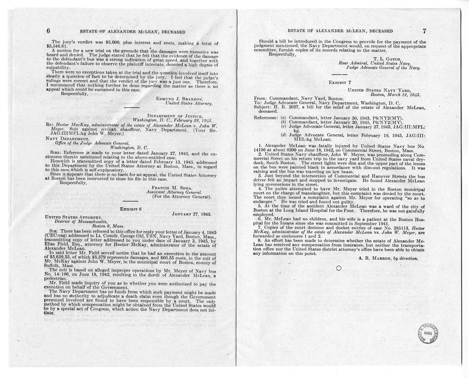 Memorandum from Frederick J. Bailey to M. C. Latta, H.R. 2027, For the Relief of the Estate of Alexander McLean, Deceased, with Attachments