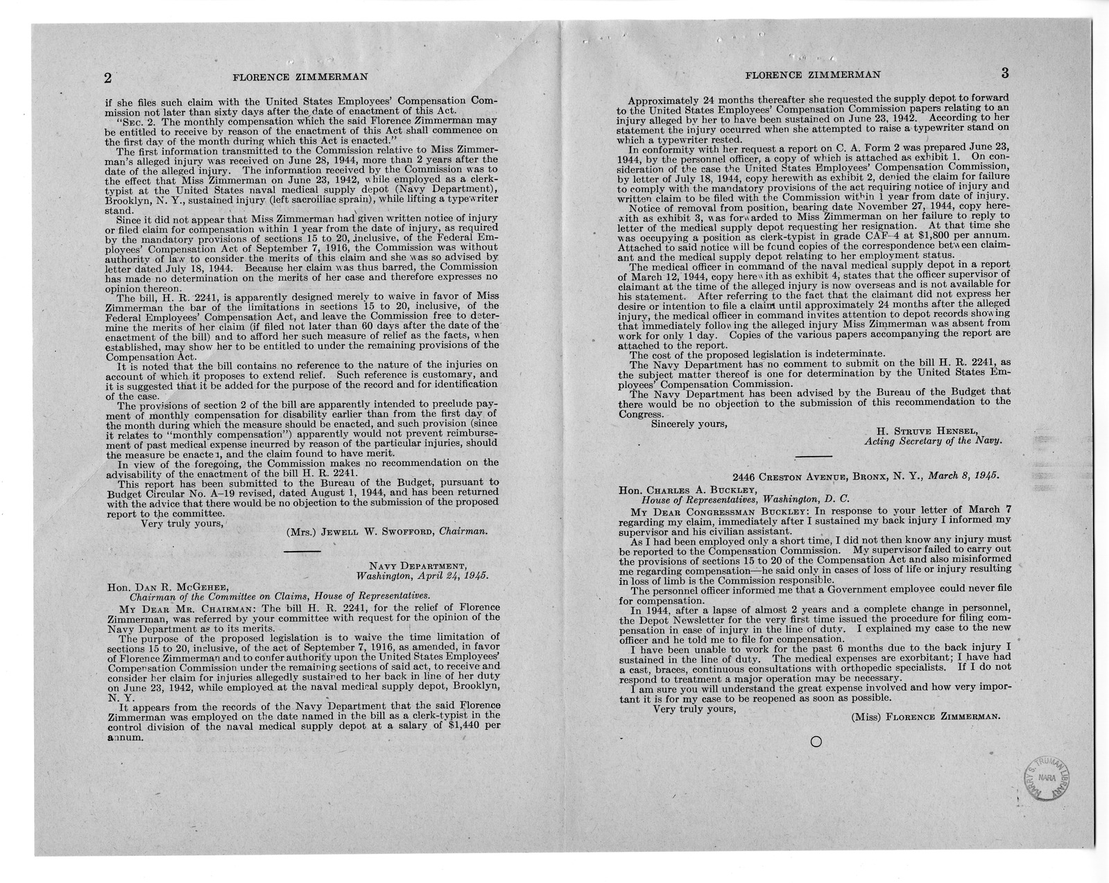 Memorandum from Frederick J. Bailey to M. C. Latta, H.R. 2241, For the Relief of Florence Zimmerman, with Attachments