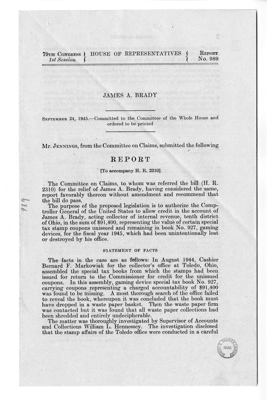Memorandum from Frederick J. Bailey to M. C. Latta, H.R. 2310, For the Relief of James A, Brady, with Attachments
