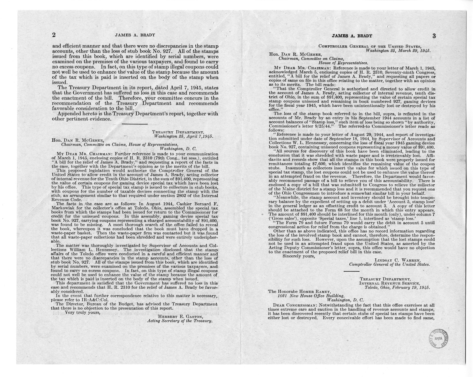 Memorandum from Frederick J. Bailey to M. C. Latta, H.R. 2310, For the Relief of James A, Brady, with Attachments