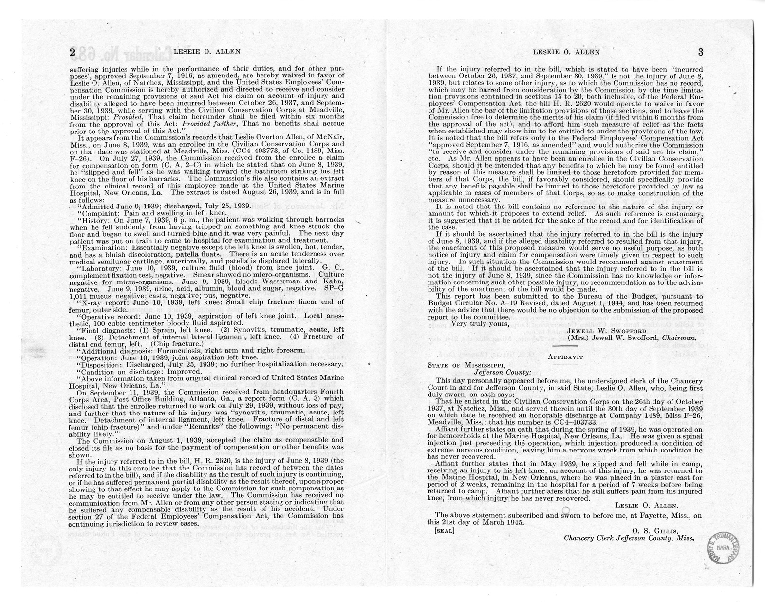 Memorandum from Frederick J. Bailey to M. C. Latta, H.R. 2620, For the Relief of Leslie O. Allen, with Attachments