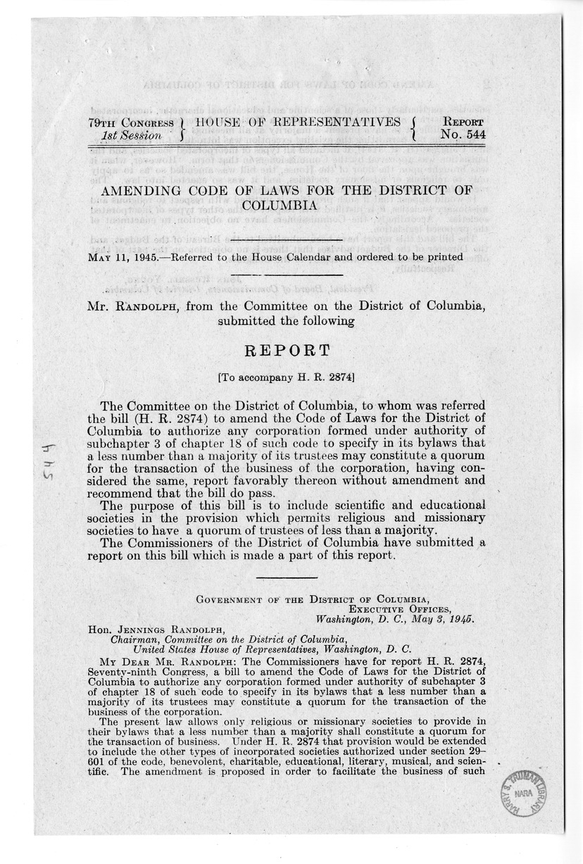 Memorandum from Frederick J. Bailey to M. C. Latta, H.R. 2874, To Amend the Code of Laws for the District of Columbia, Subchapter 3 of Chapter 18, with Attachments