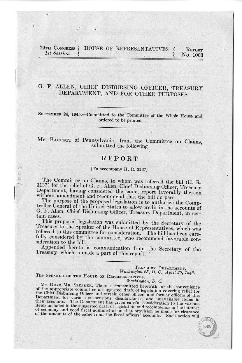 Memorandum from Frederick J. Bailey to M. C. Latta, H.R. 3137, For the Relief of G. F. Allen, Chief Disbursing Officer, Treasury Department, with Attachments