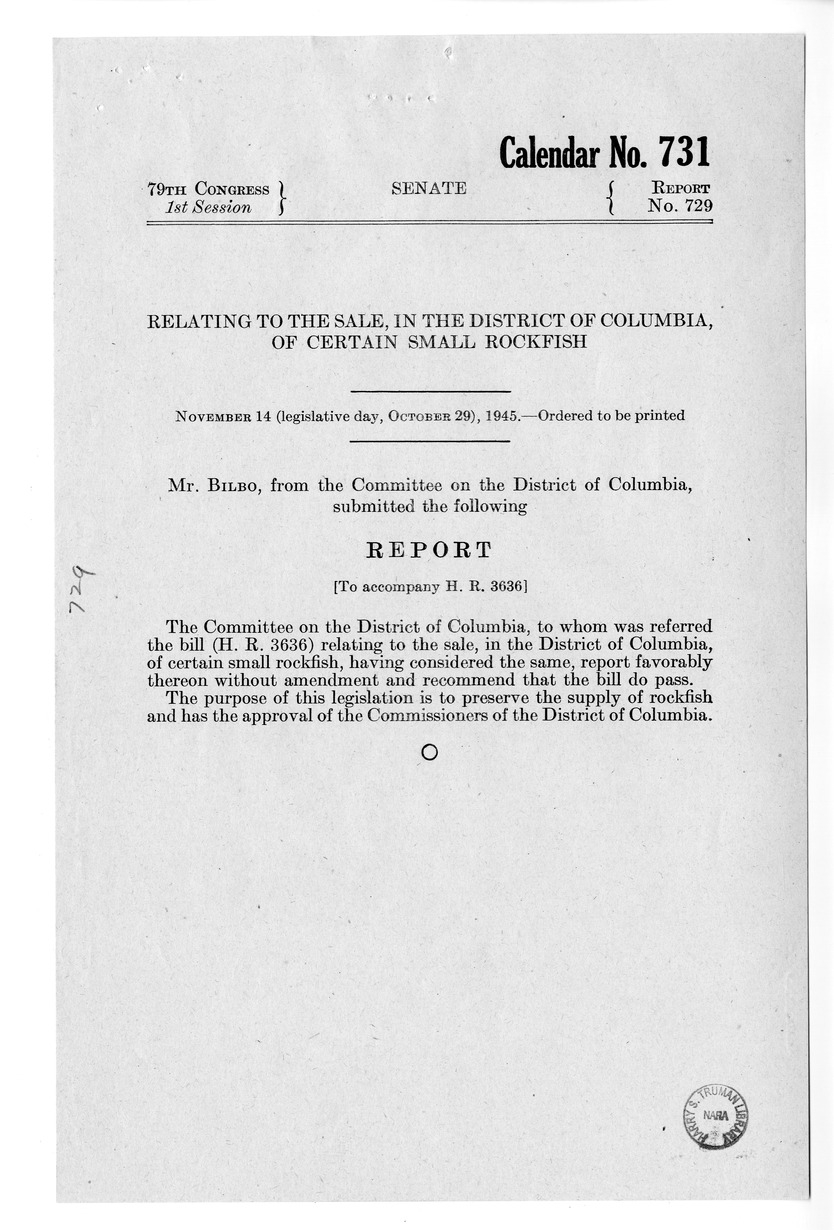 Memorandum from Frederick J. Bailey to M. C. Latta, H.R. 3636, Relating to the Sale, in the District of Columbia, of Certain Small Rockfish, with Attachments