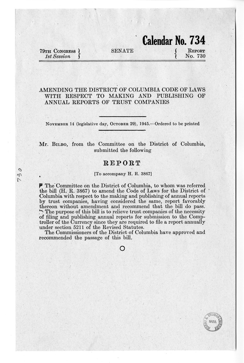 Memorandum from Frederick J. Bailey to M. C. Latta, H.R. 3867, To Amend the Code of Laws for the District of Columbia With Respect to the Making and Publishing of Annual Reports by Trust Companies, with Attachments