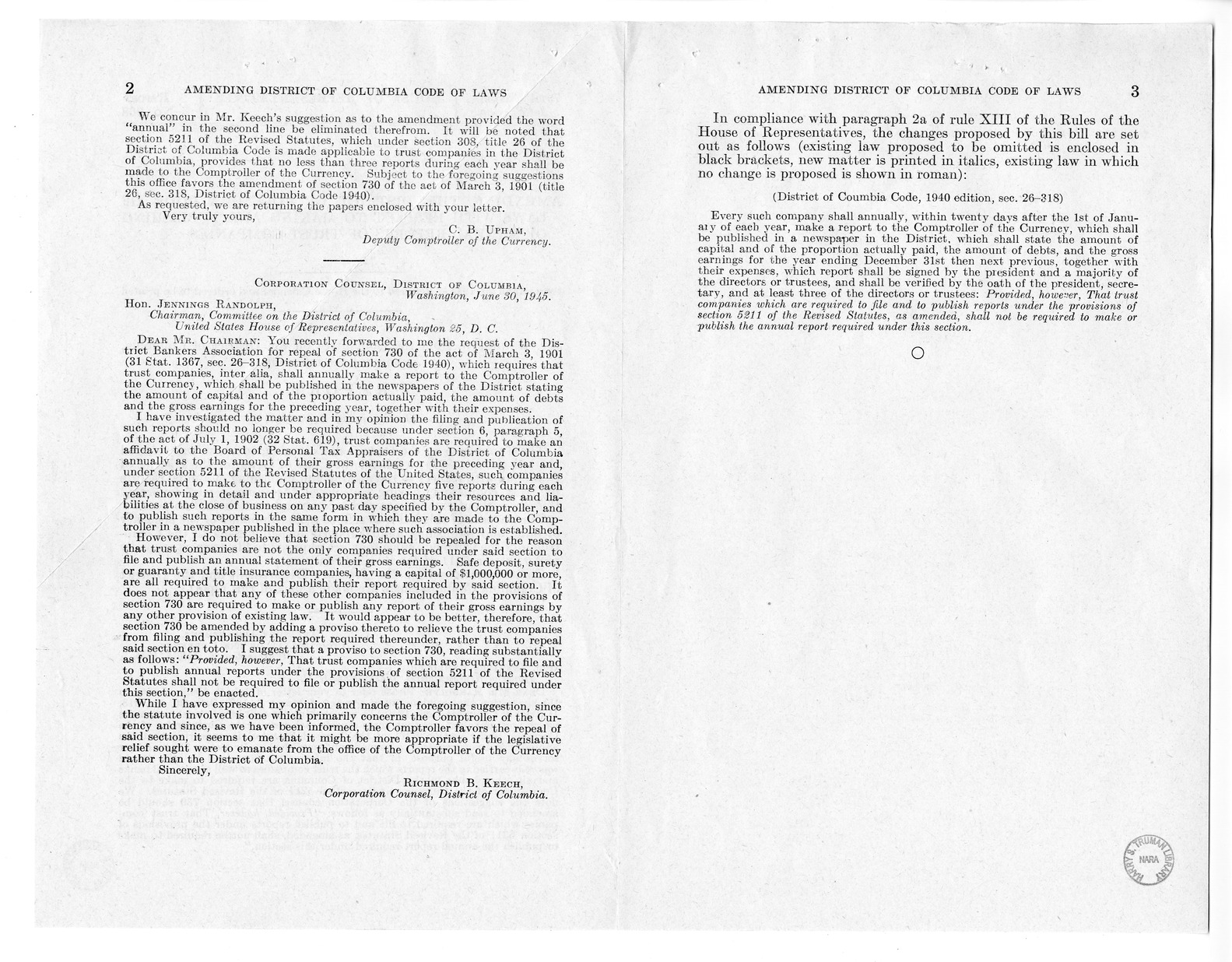 Memorandum from Frederick J. Bailey to M. C. Latta, H.R. 3867, To Amend the Code of Laws for the District of Columbia With Respect to the Making and Publishing of Annual Reports by Trust Companies, with Attachments