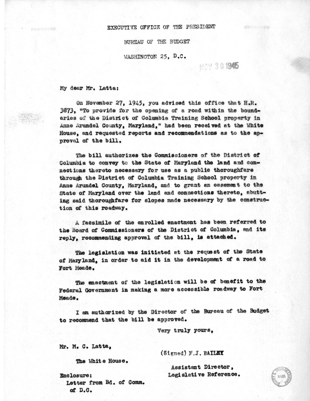 Memorandum from Frederick J. Bailey to M. C. Latta, H.R. 3873, To Provide for the Opening of a Road Within The Boundaries of the District of Columbia Training School Property in Anne Arundel County, Maryland, with Attachments
