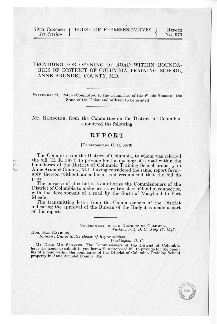 Memorandum from Frederick J. Bailey to M. C. Latta, H.R. 3873, To Provide for the Opening of a Road Within The Boundaries of the District of Columbia Training School Property in Anne Arundel County, Maryland, with Attachments