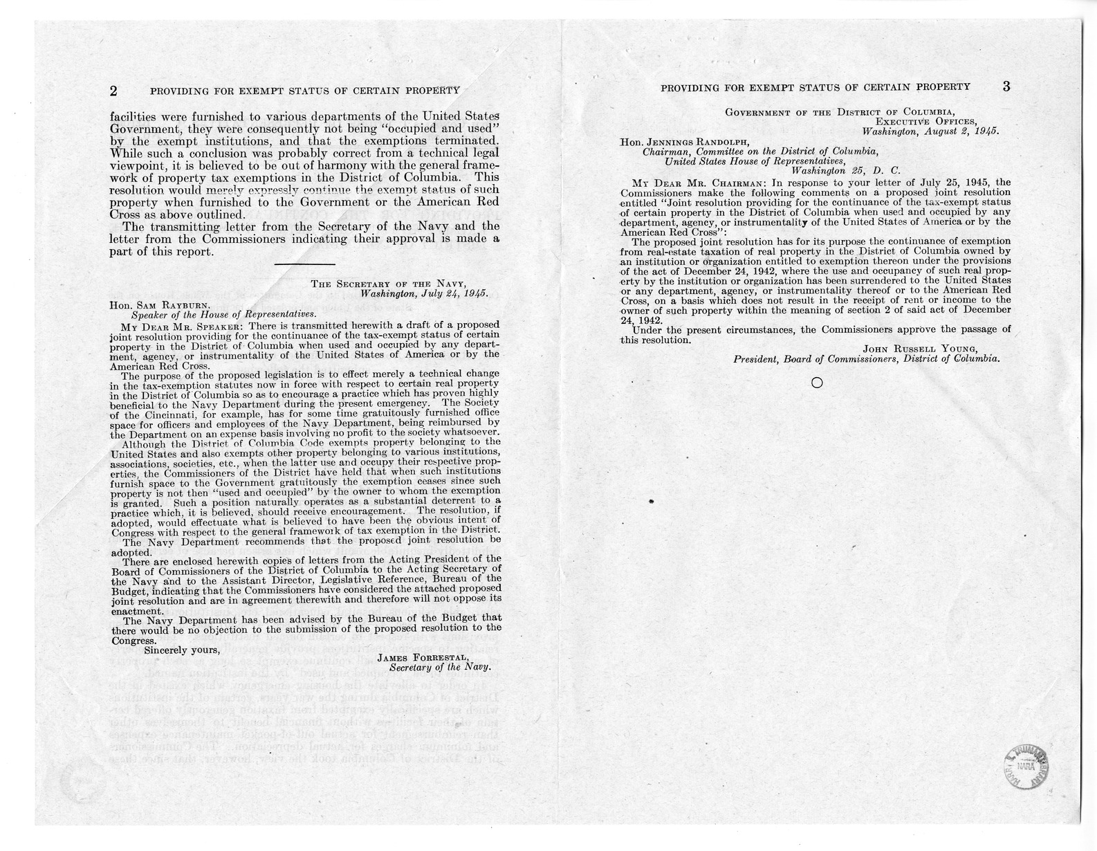 Memorandum from Frederick J. Bailey to M. C. Latta, H.J. Res. 236, Providing for the Continuance of the Tax-Exempt Status of Certain Property in the District of Columbia When Used and Occupied by Any Department, Agency, or Instrumentality of the United States of America or by the American Red Cross, with Attachments