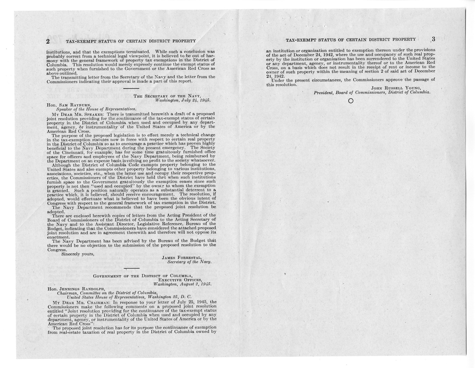 Memorandum from Frederick J. Bailey to M. C. Latta, H.J. Res. 236, Providing for the Continuance of the Tax-Exempt Status of Certain Property in the District of Columbia When Used and Occupied by Any Department, Agency, or Instrumentality of the United States of America or by the American Red Cross, with Attachments