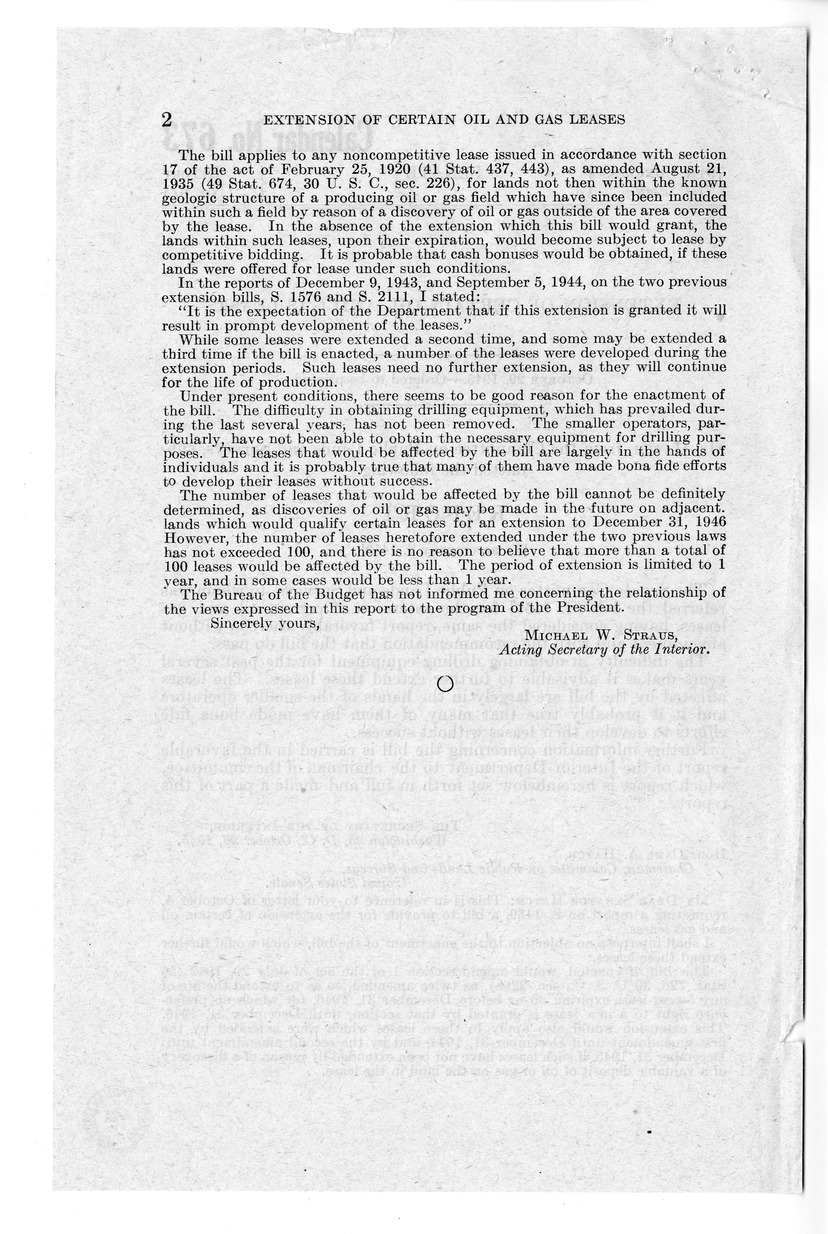 Memorandum from Frederick J. Bailey to M. C. Latta, S. 1459, To Provide for the Extension of Certain Oil and Gas Leases, with Attachments