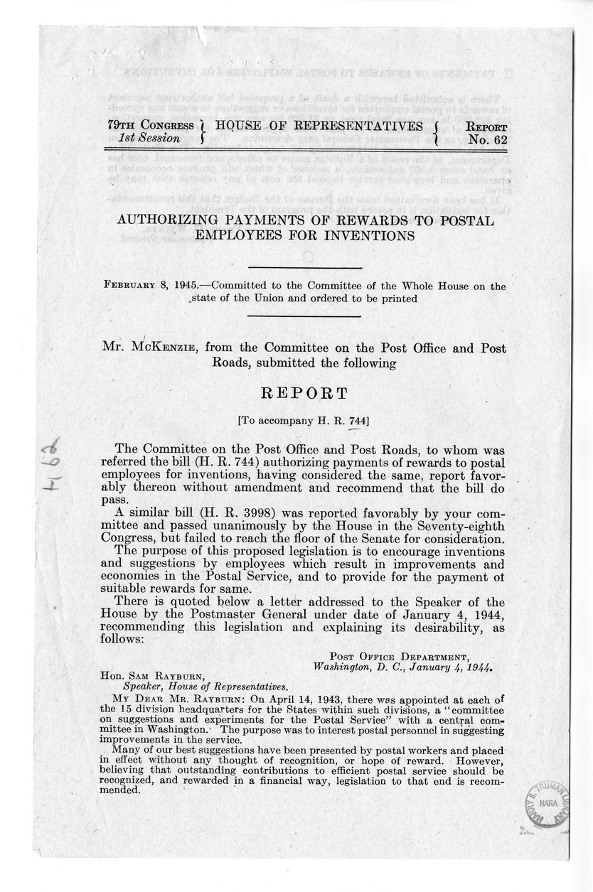 Memorandum from Harold D. Smith to M. C. Latta, H.R. 744, Authorizing Payments of Rewards to Postal Employees for Inventions, with Attachments