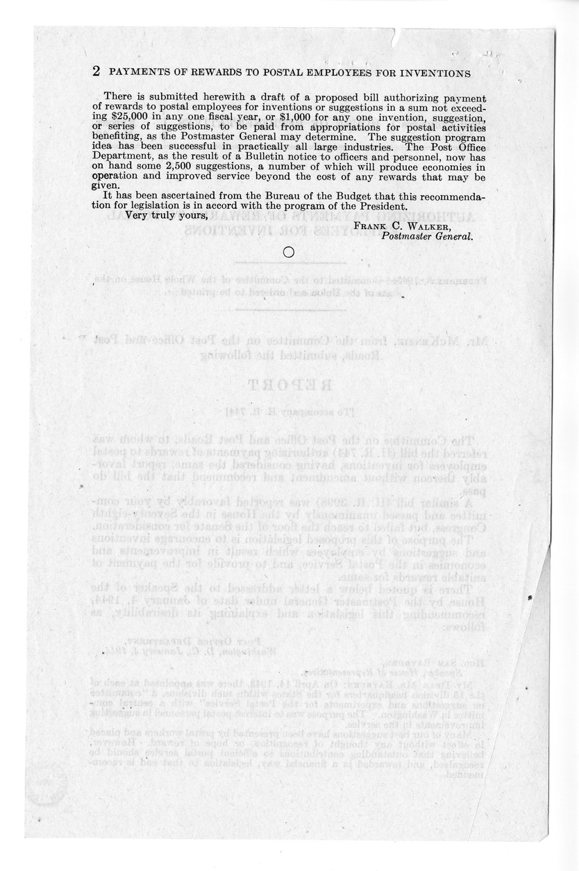 Memorandum from Harold D. Smith to M. C. Latta, H.R. 744, Authorizing Payments of Rewards to Postal Employees for Inventions, with Attachments