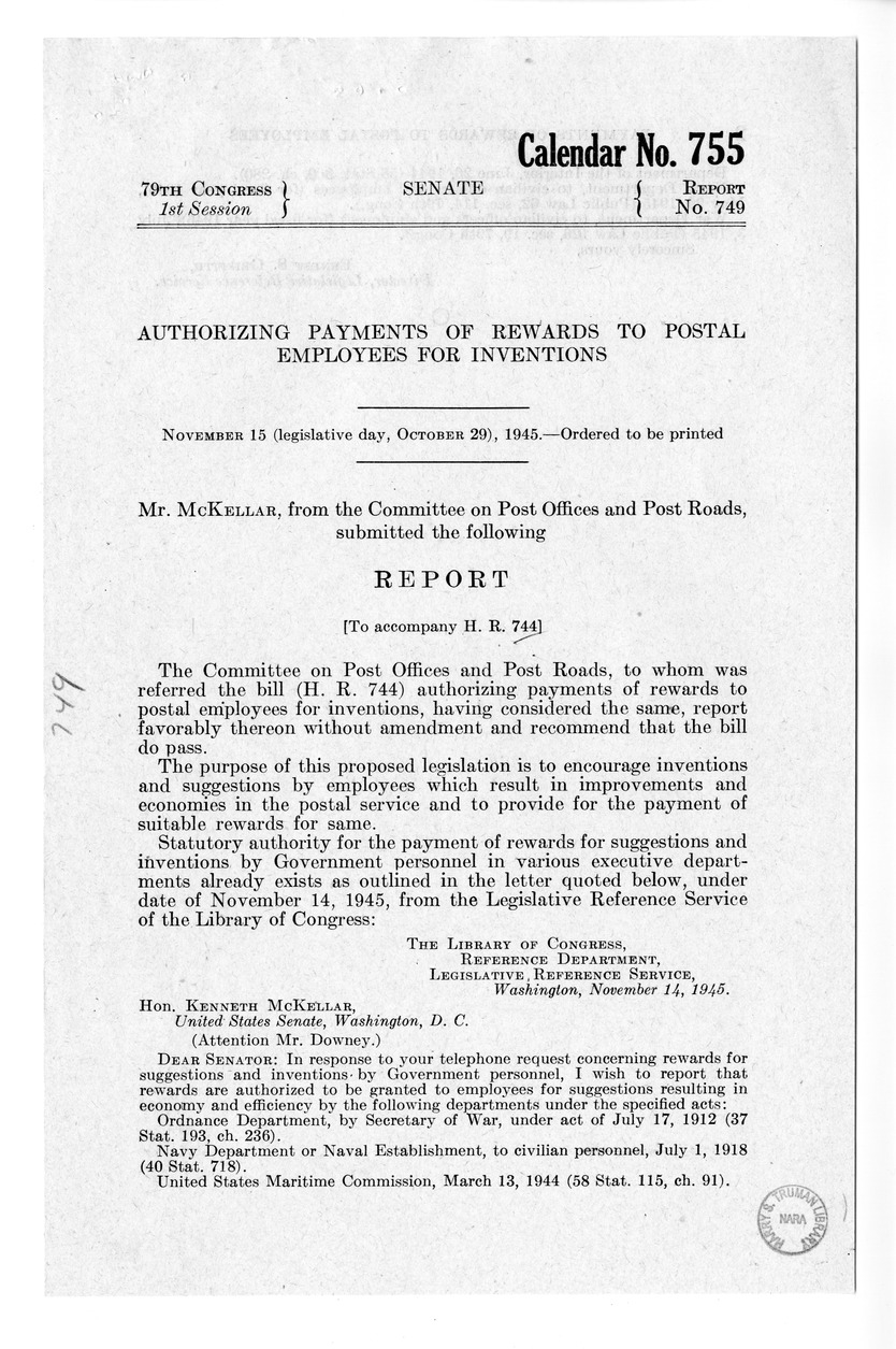 Memorandum from Harold D. Smith to M. C. Latta, H.R. 744, Authorizing Payments of Rewards to Postal Employees for Inventions, with Attachments