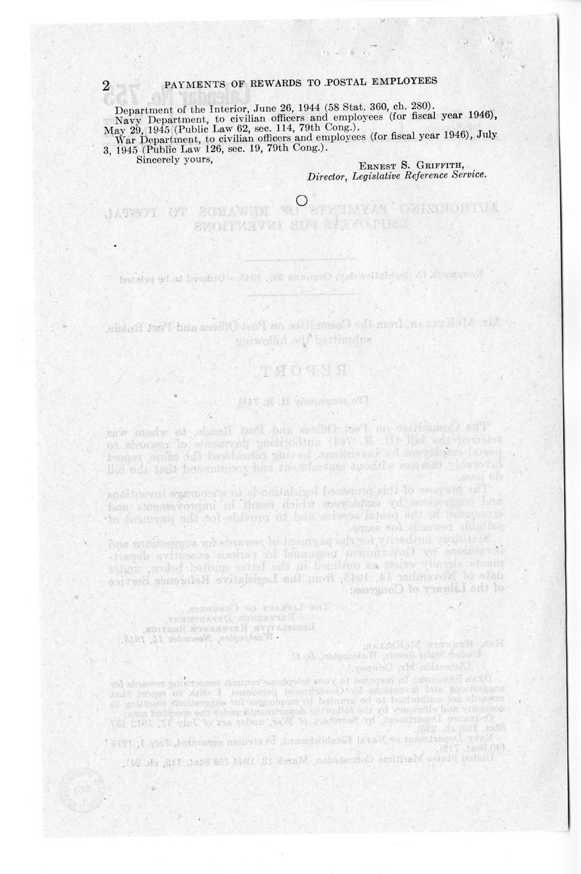 Memorandum from Harold D. Smith to M. C. Latta, H.R. 744, Authorizing Payments of Rewards to Postal Employees for Inventions, with Attachments