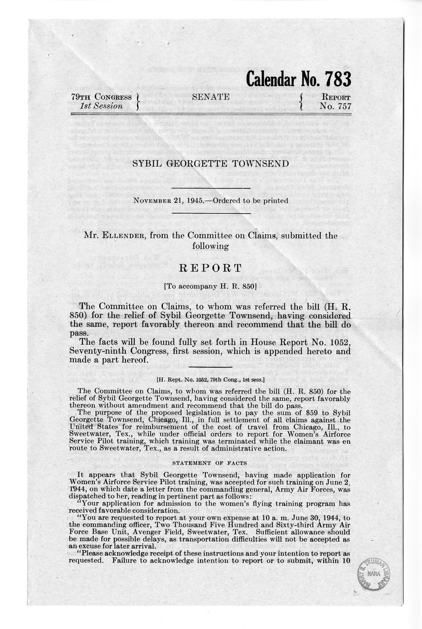 Memorandum from Frederick J. Bailey to M. C. Latta, H.R. 850, For the Relief of Sybil Georgette Townsend, with Attachments