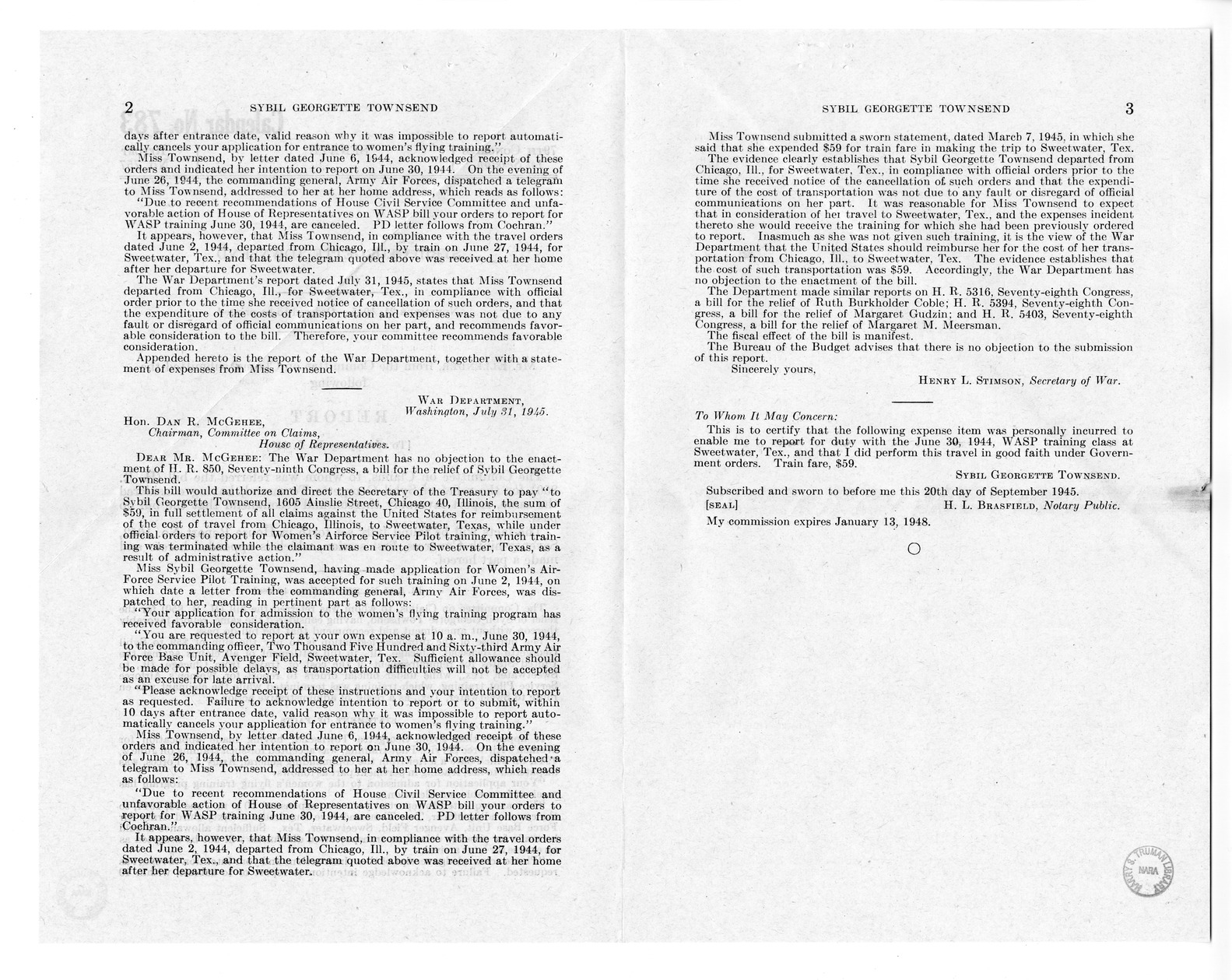 Memorandum from Frederick J. Bailey to M. C. Latta, H.R. 850, For the Relief of Sybil Georgette Townsend, with Attachments