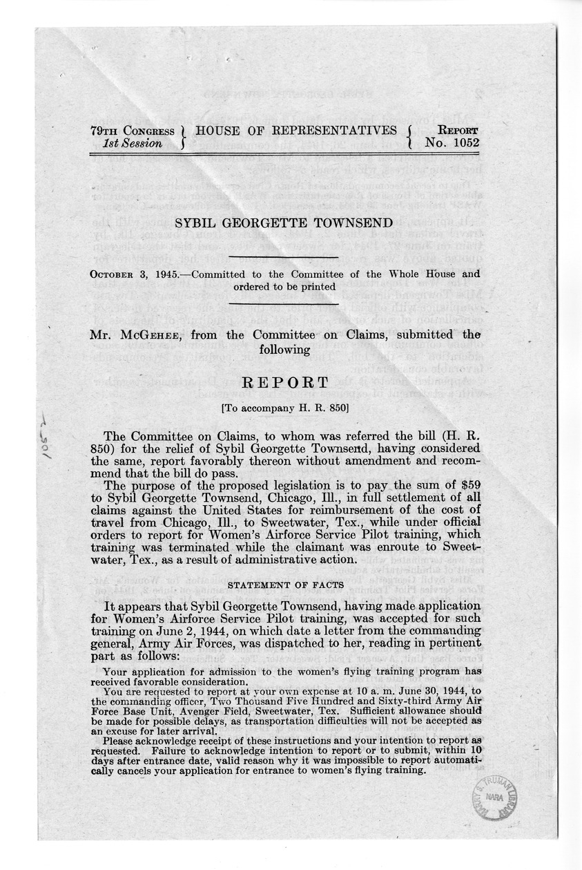 Memorandum from Frederick J. Bailey to M. C. Latta, H.R. 850, For the Relief of Sybil Georgette Townsend, with Attachments