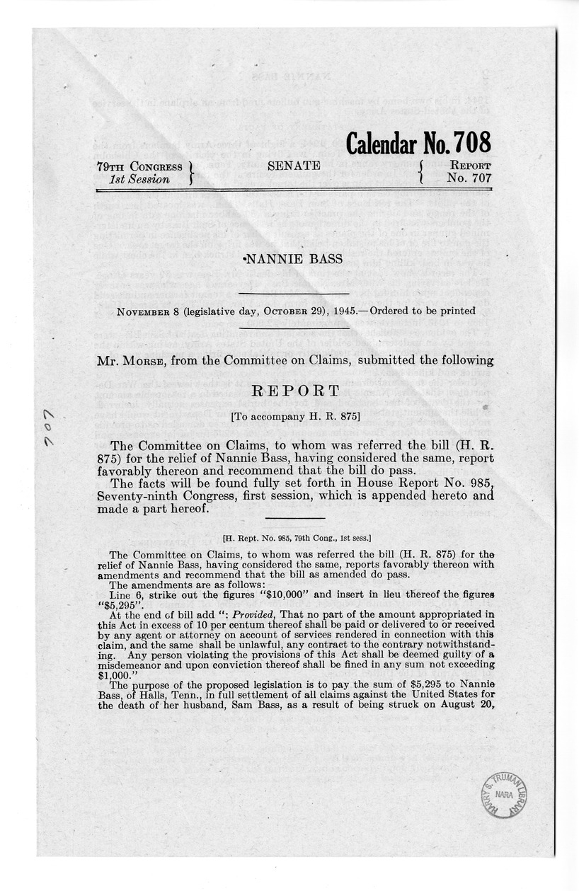 Memorandum from Frederick J. Bailey to M. C. Latta, H.R. 875, For the Relief of Nannie Bass, with Attachments