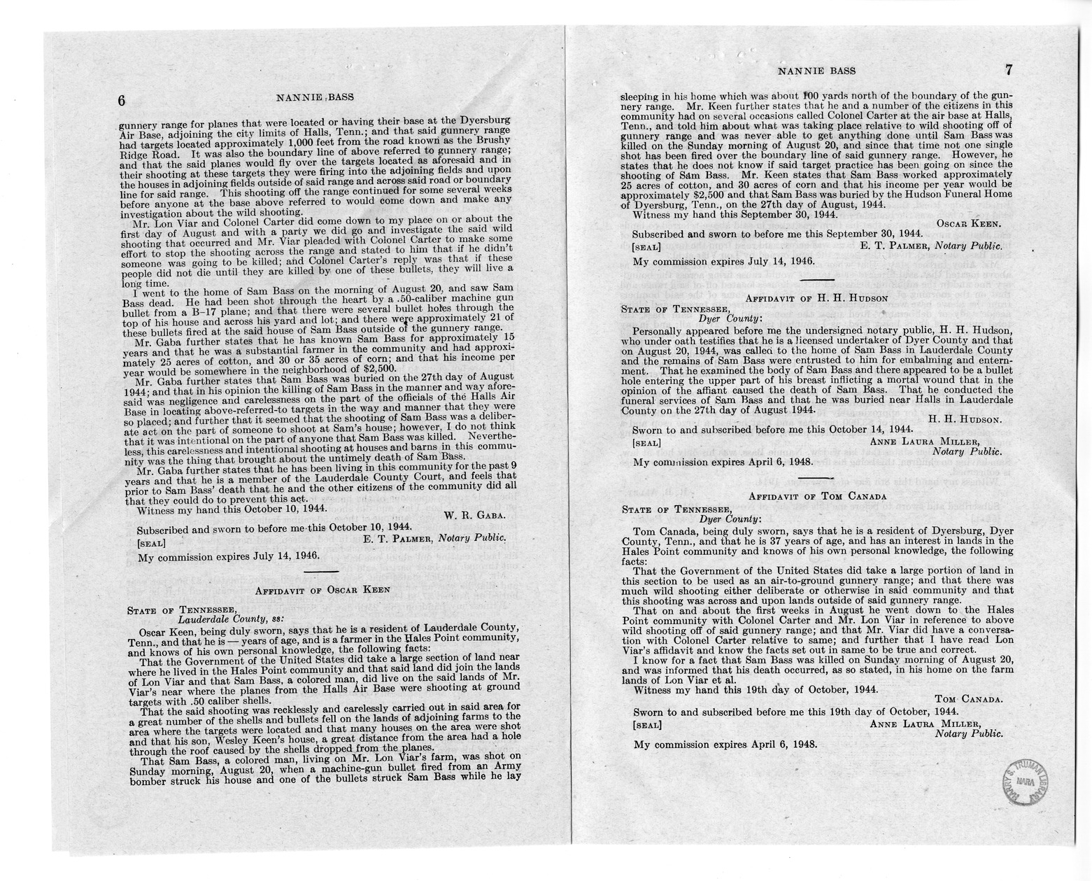 Memorandum from Frederick J. Bailey to M. C. Latta, H.R. 875, For the Relief of Nannie Bass, with Attachments