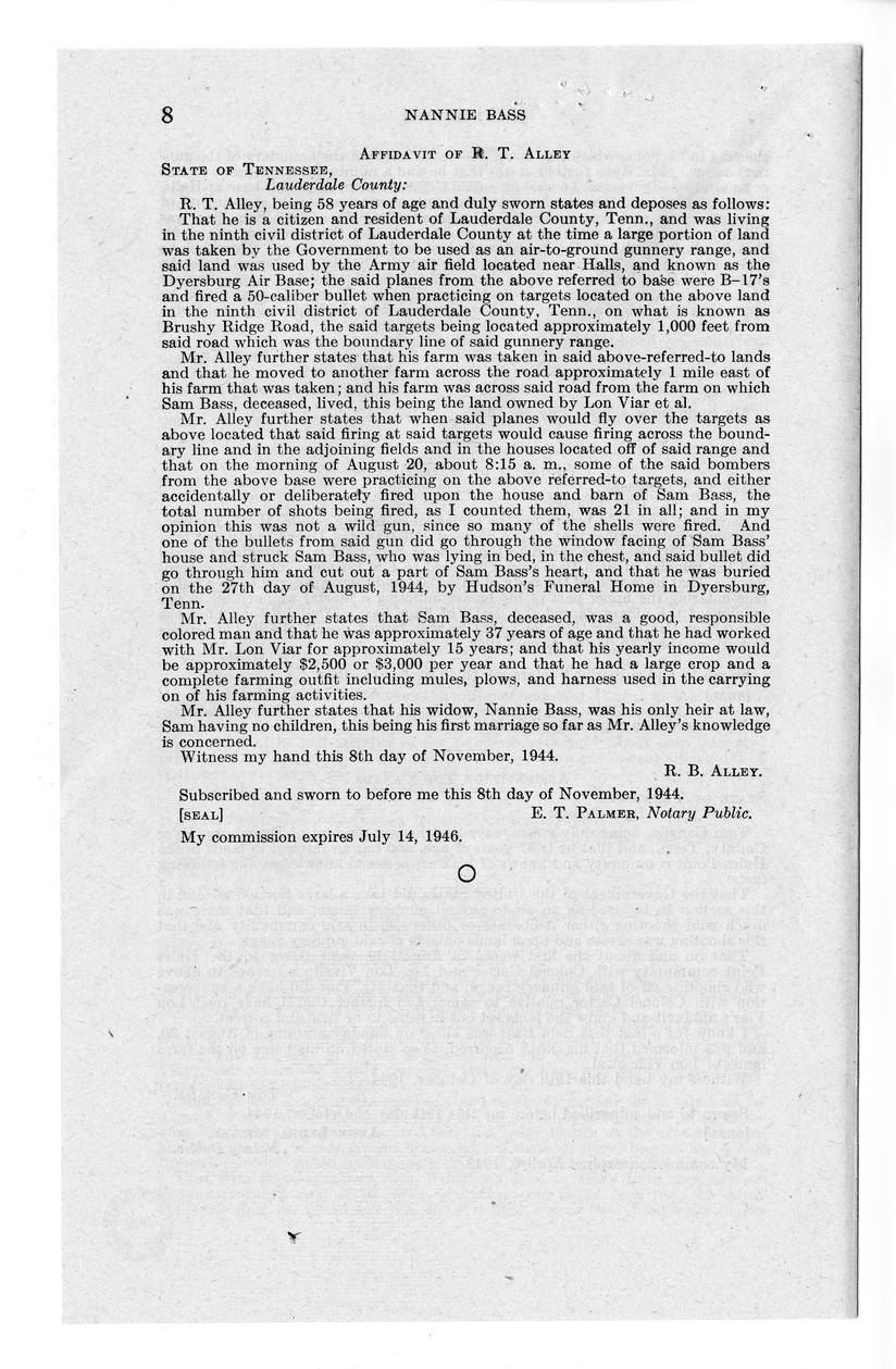 Memorandum from Frederick J. Bailey to M. C. Latta, H.R. 875, For the Relief of Nannie Bass, with Attachments