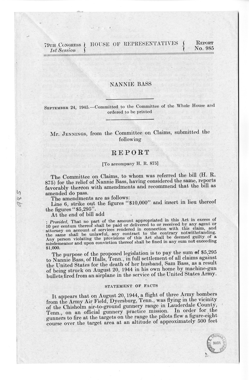 Memorandum from Frederick J. Bailey to M. C. Latta, H.R. 875, For the Relief of Nannie Bass, with Attachments