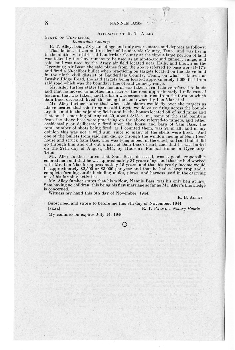 Memorandum from Frederick J. Bailey to M. C. Latta, H.R. 875, For the Relief of Nannie Bass, with Attachments