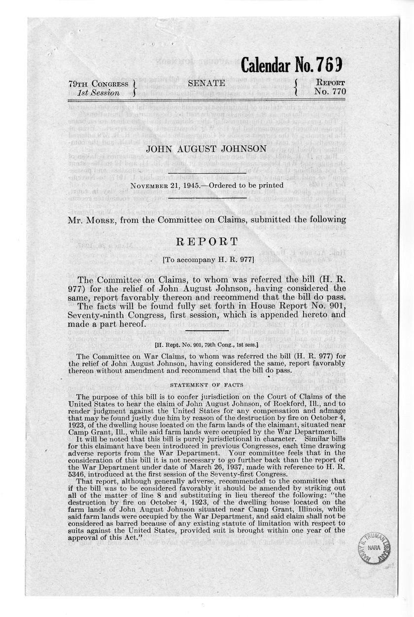 Memorandum from Frederick J. Bailey to M. C. Latta, H.R. 977, For the Relief of John August Johnson, with Attachments