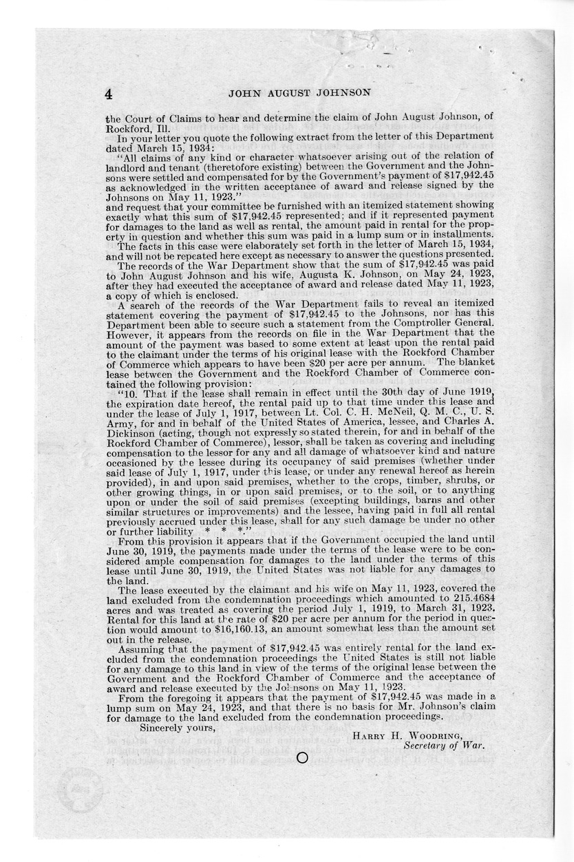 Memorandum from Frederick J. Bailey to M. C. Latta, H.R. 977, For the Relief of John August Johnson, with Attachments