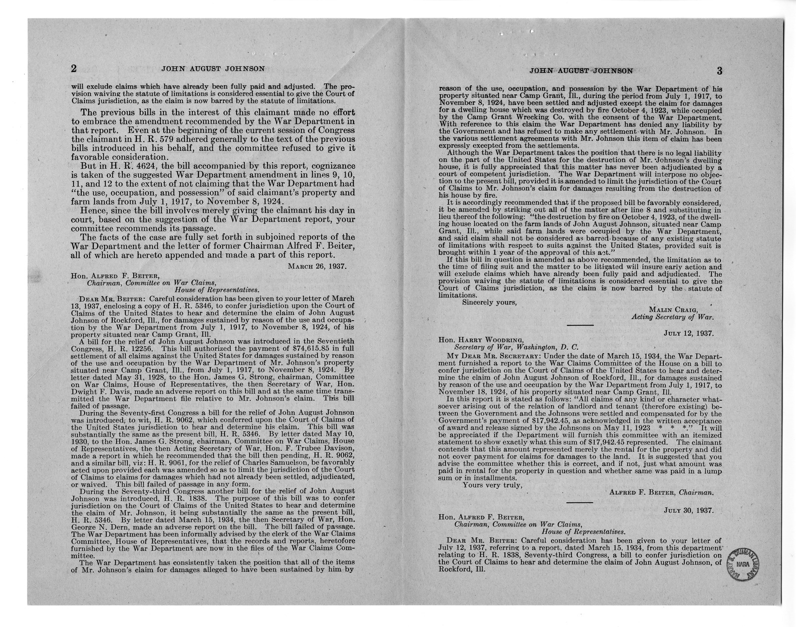 Memorandum from Frederick J. Bailey to M. C. Latta, H.R. 977, For the Relief of John August Johnson, with Attachments