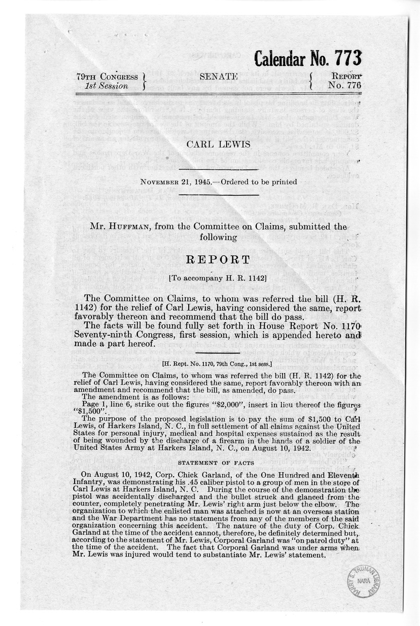 Memorandum from Frederick J. Bailey to M. C. Latta, H.R. 1142, For the Relief of Carl Lewis, with Attachments