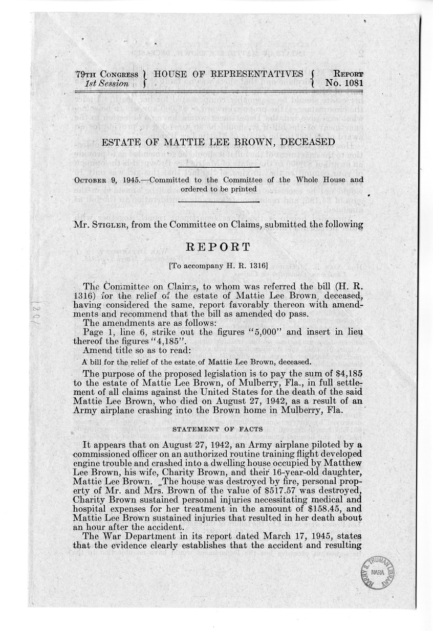 Memorandum from Frederick J. Bailey to M. C. Latta, H.R. 1316, For the Relief of the Estate of Mattie Lee Brown, Deceased, with Attachments