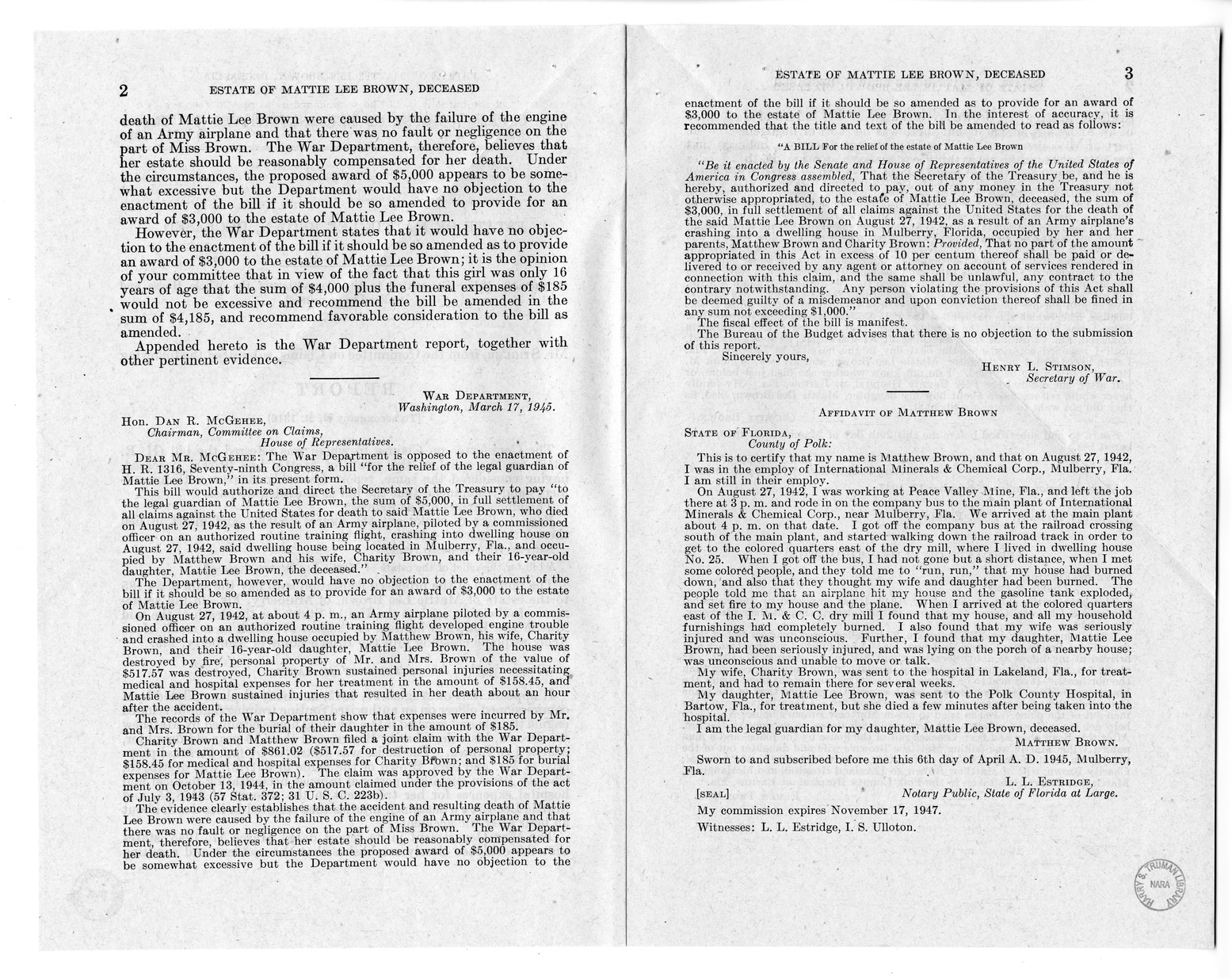 Memorandum from Frederick J. Bailey to M. C. Latta, H.R. 1316, For the Relief of the Estate of Mattie Lee Brown, Deceased, with Attachments
