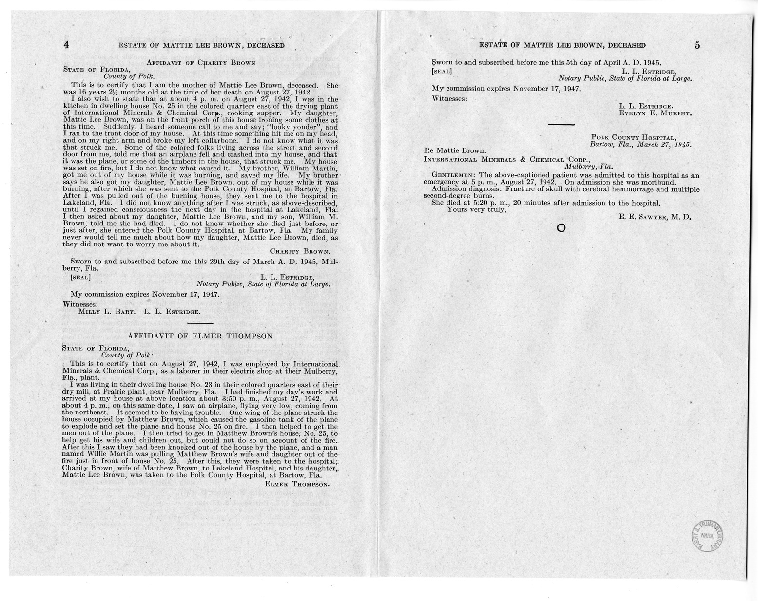 Memorandum from Frederick J. Bailey to M. C. Latta, H.R. 1316, For the Relief of the Estate of Mattie Lee Brown, Deceased, with Attachments