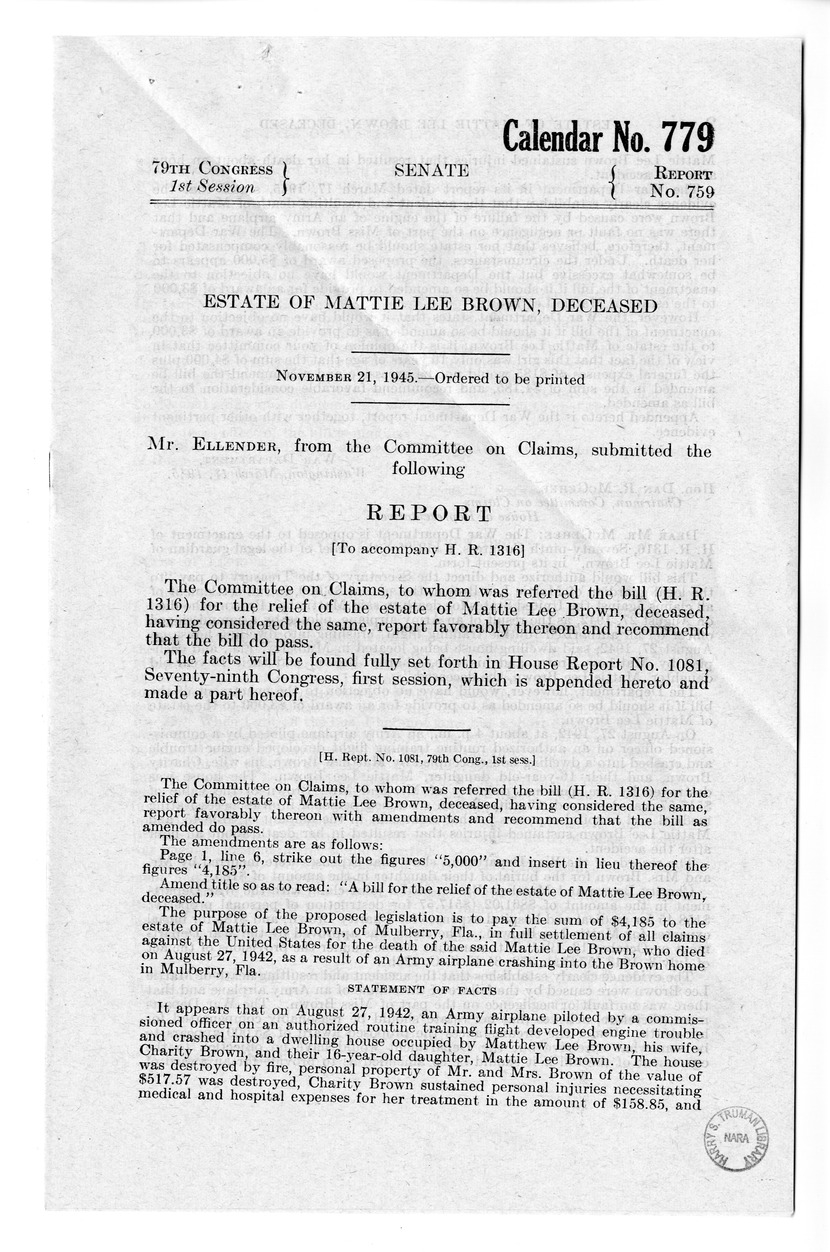 Memorandum from Frederick J. Bailey to M. C. Latta, H.R. 1316, For the Relief of the Estate of Mattie Lee Brown, Deceased, with Attachments